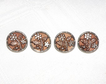 Antique Victorian Tinted Metal Buttons, Lot of 4 Matching Buttons with Flowers, NBS Size Small