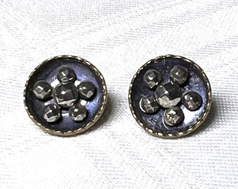 Antique Pair of Matching Blue Tinted Brass Buttons With Cut Steels