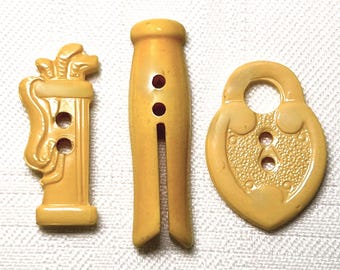 Vintage Bakelite Buttons - Realistic Objects - Choose ONE - 1. Golf Bag  2. Clothespin 3. Lock