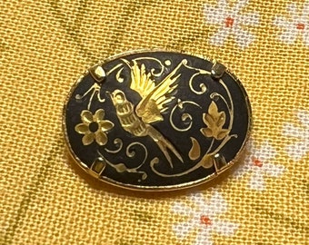 Gold Bird and Flowers Button, Damascene Metalwork Button NBS Size Small