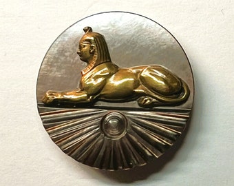 Antique Egyptian Sphinx Button, Brass On Shell Button