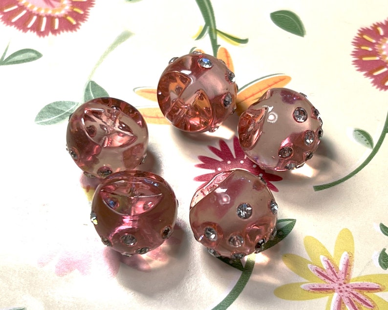 Vintage Pink Plastic Buttons With Rhinestones Set Of 5 image 3