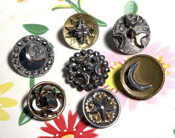 Vintage Moon And Star Buttons Mix Of 7 Small Antique Metal Buttons