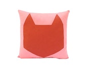 Decorative fox Pillow - caramel fox applique on 100% coral cotton fabric - 12x12 inches
