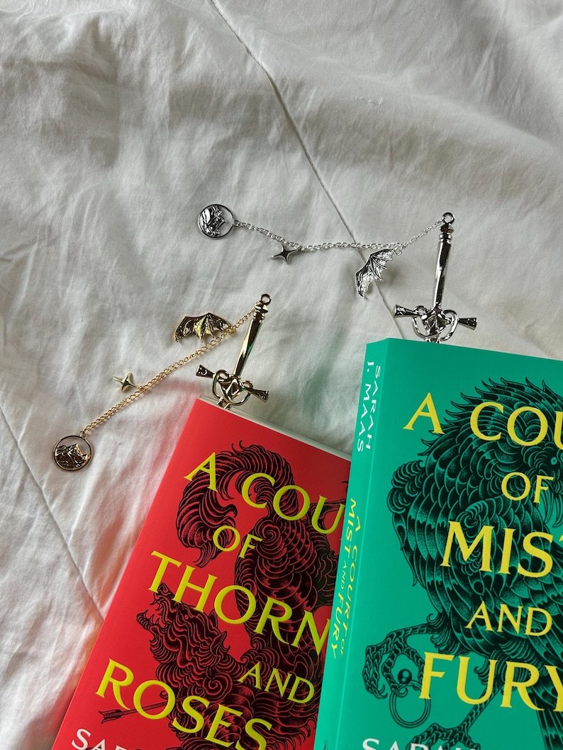 May include: Overhead view of two books, "A Court of Thorns and Roses" and "A Court of Mist and Fury", and three metal book charms. The charms feature sword, bat wing, and coin designs. The books have red and teal covers.
