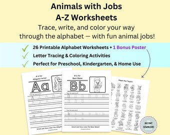 Alphabet Tracing Worksheets A-Z | Fun Animal Jobs Coloring Pages | Preschool & Kindergarten Printables | Handwriting Practice PDF