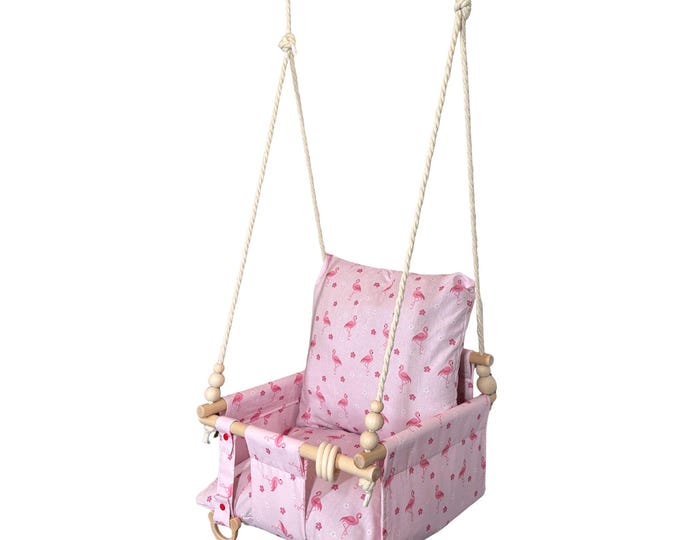 Flamingo baby swing – suitable for babies and toddlers, swing with cushion, children's swing with height-adjustable ropes.