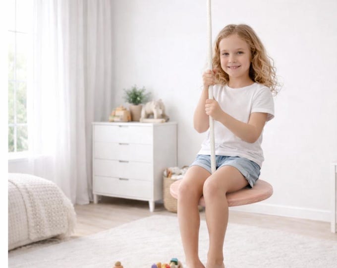 Wooden ring swing with sturdy rope suspension, round wooden swing, wooden ring with rope, circular swing, indoor/outdoor swing
