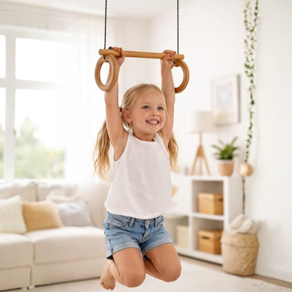 Ring swing, gymnastics with wooden swing, swing seat trapeze with gymnastic rings, trapeze swing, indoor trapeze, children's room/garden trapeze