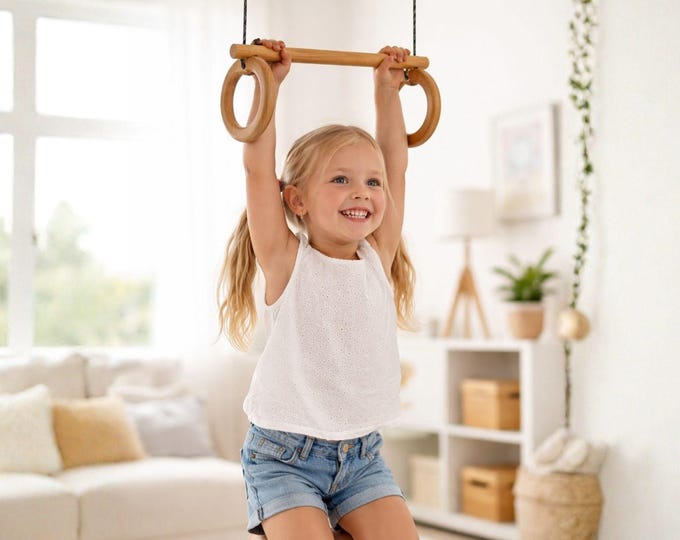 Ring swing, gymnastics with wooden swing, swing seat trapeze with gymnastic rings, trapeze swing, indoor trapeze, children's room/garden trapeze