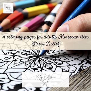 Peut inclure: Une main colore un motif complexe noir et blanc avec un crayon bleu. Le motif est un motif de carrelage marocain. Le texte "4 pages à colorier pour adultes Carreaux marocains Détente" est au-dessus du motif. Le texte "Zefig Collection Safi" est en dessous du motif.