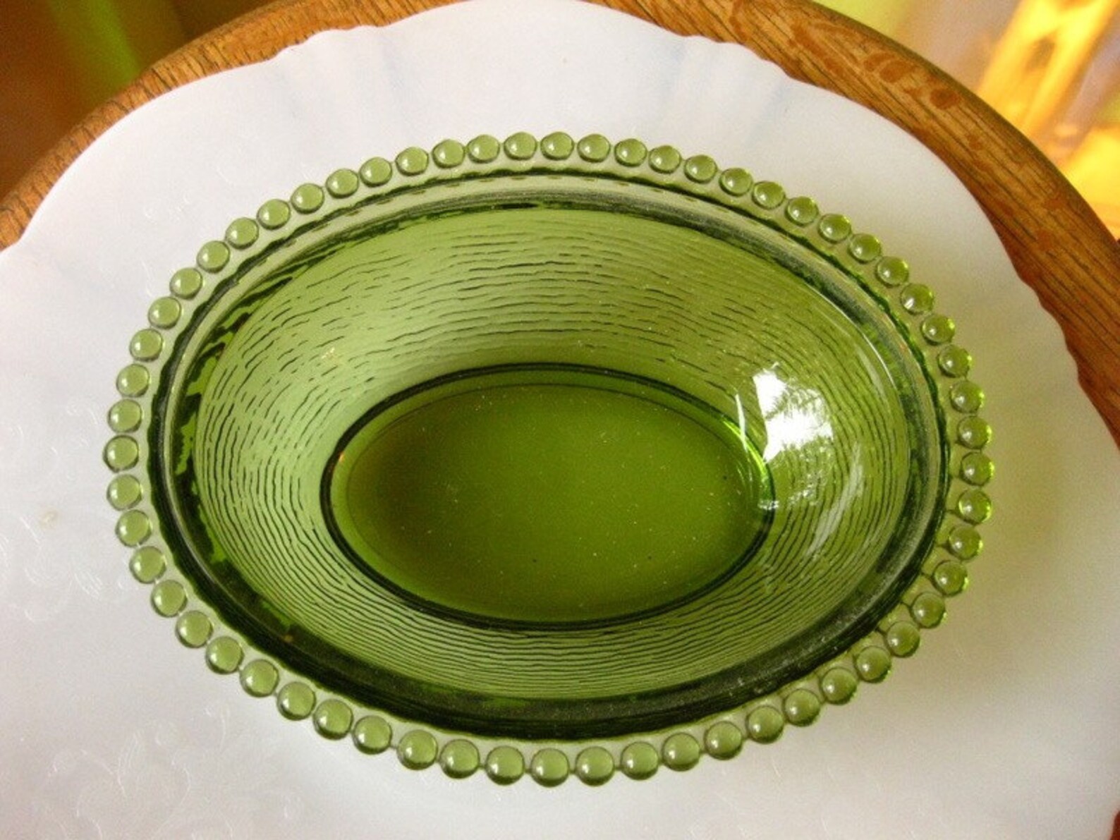 Green Carnival Glass Chicken Candy Dish Etsy