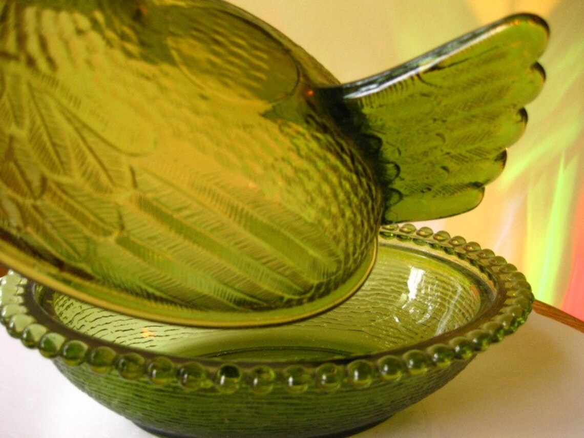 Green Carnival Glass Chicken Candy Dish Etsy