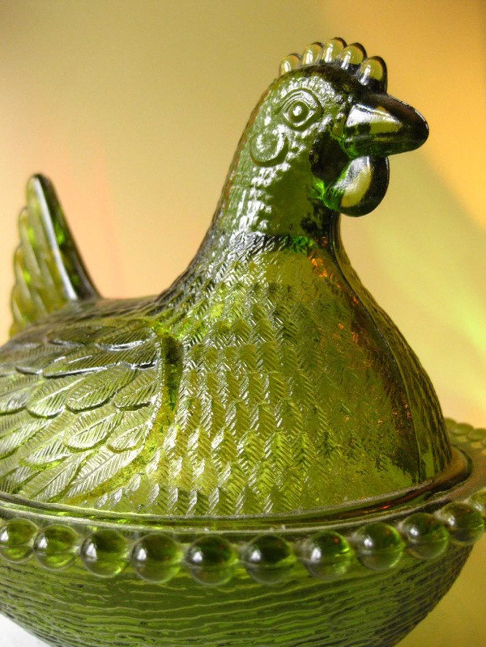 Green Carnival Glass Chicken Candy Dish Etsy