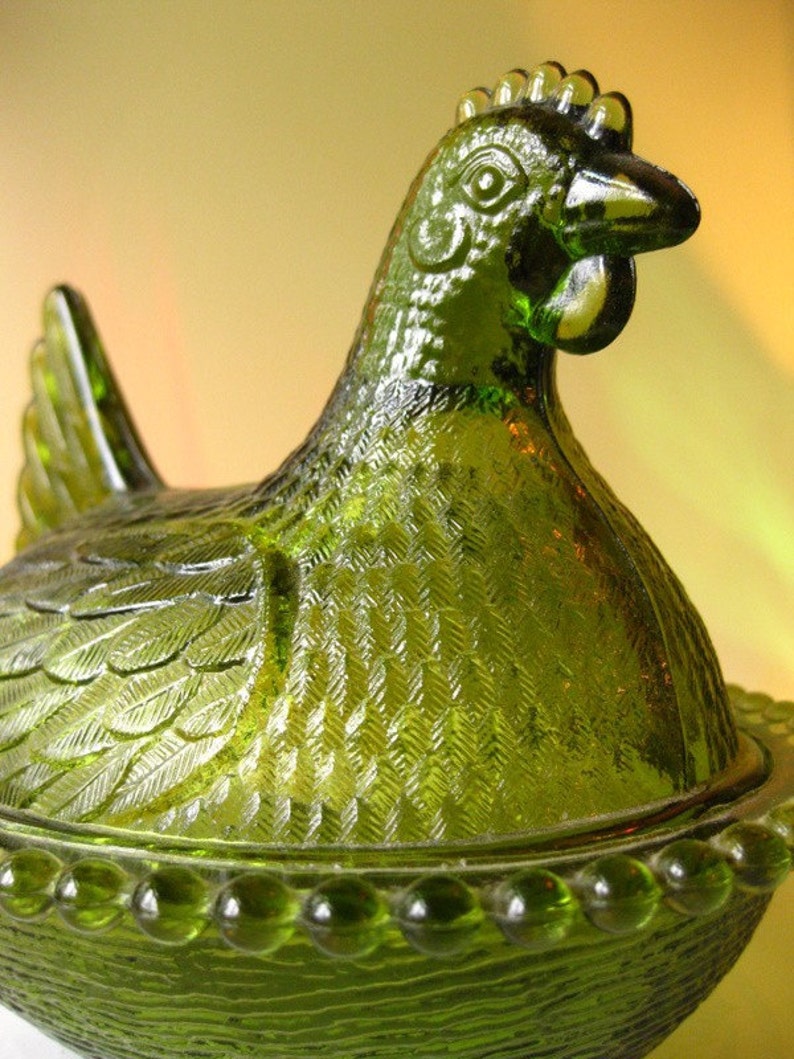 Green Carnival Glass Chicken Candy Dish Etsy
