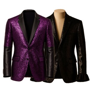 May include: Two blazers: a shimmering purple one with black leather sleeves and lapels, and a black one with a subtle pattern and leather sleeves. Both have a classic two-button design. Displayed on a white background.