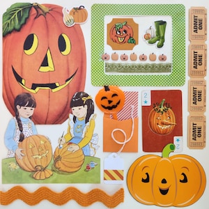 May include: A vintage Halloween craft project with two children carving pumpkins. The image includes a large orange pumpkin with a jack-o-lantern face, two smaller pumpkins, a green boot, a red and white striped tag, and several orange and green paper pumpkins. The text "ADMIT ONE" is repeated on several tickets.