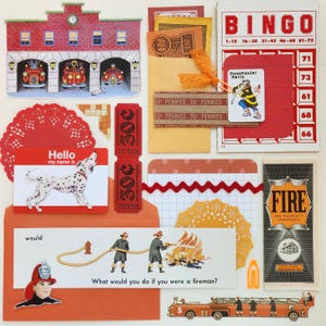 May include: A collage of vintage-style ephemera with a fire department theme. Includes a fire station, fire trucks, a Dalmatian, bingo card, and the text "What would you do if you were a fireman?" and "Hello my name is".