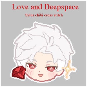 May include: A pixel art cross stitch pattern of a white-haired anime character with red eyes. The character is smiling and has a red diamond and a sparkling star next to them. The text "Love and Deep space" and "Sylus chibi cross stitch" is above the character.