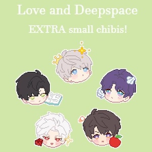 May include: Pixel art graphic with five chibi characters on a light green background. The text "Love and Deepspace" and "EXTRA small chibis!" are at the top. Each character has unique hair and accessories.