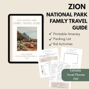 May include: A digital guide for planning a family trip to Zion National Park. The guide includes a 3-day itinerary, packing list, kid activities, and an editable travel planner. The cover image shows a train traveling through a canyon.