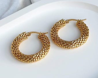 Golden Miyuki Hoop Earrings – 27mm (1.06”) | Stainless Steel | Elegant Handmade Beaded Jewelry