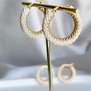 Miyuki Beaded Hoop Earrings | Handmade Jewelry | Hypoallergenic | Small Medium Large Sizes | Gold and White Beads