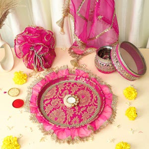 Karwachauth Thali Set Karva Chauth Puja Set Karwa Chauth Channi Lota Thaal with Cover Potli Bag Bridal Teej Sargi Kit Daughter-In-Law Gift