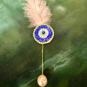 Evil Eye Brooch Pins with Pearl 6 Inch Charm Handcrafted Nazar Protection Pin Feather Brooch Beaded Pin Jewelry Gift for Her Valentine&#39;s Day