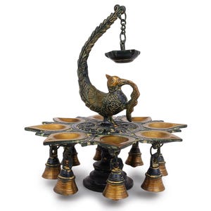 Brass Peacock Oil Lamp 11 Inch Chemical Painted with 8 Diyas Bell Handcrafted Lamps for Home Temple Diwali Decor Festive Gift Diya for Puja