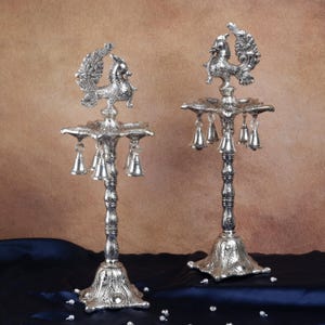 German Silver Oil Lamp with Bells 16 Inch Brass Kerala Diyas for Diwali Pooja Home Temple Decor Housewarming Gift - Peacock Samai Oil Wick