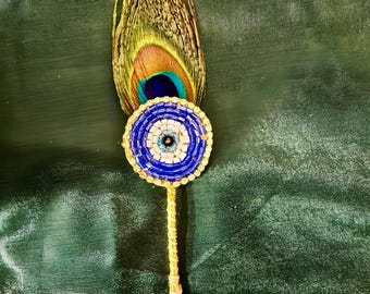 Evil Eye Haldi Kumkum Tilak Stick with Beads Peacock Feather Handcrafted 5.5 Inch Tilak Bindi Applicator for Pooja Ritual Festival Wedding