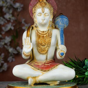 Hanuman Statue Brass Chemical Painted 13 Inch Lord Hanuman Sitting Religious Statue with Gada Handcrafted Monkey God Devotee of Lord Rama
