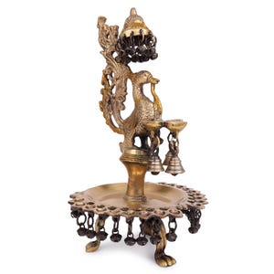 Brass Peacock Urli Oil Lamp with Bells and Ghungroo Handcrafted Peacock Hanging Diya For Temple Home Office Decor - Diwali Housewarming Gift