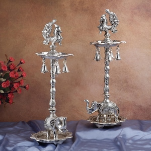 German Silver Oil Lamp with Bells 18&quot; Elephant Samai Entryway Diwali Temple Decor Kuthu Vilakku Annam Brass Oil Wick Diya Housewarming Gifts
