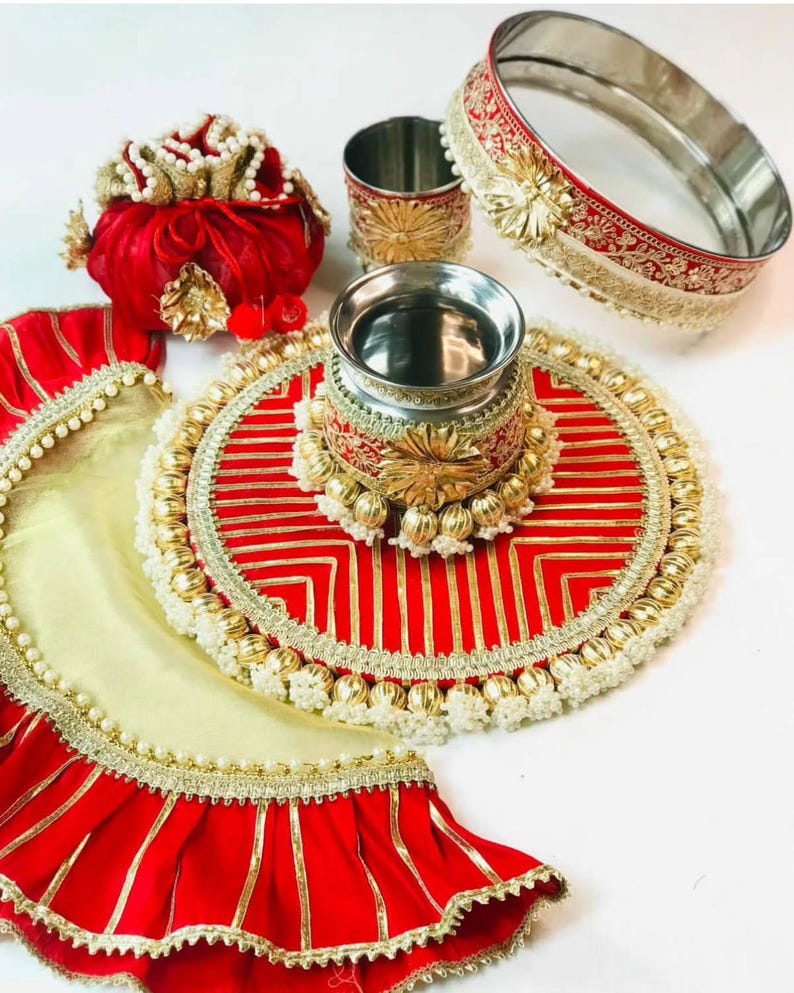 Maroon Mirror Beads Karwa Chauth Thali Set 08