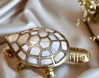 Brass Turtle With Mother Of Pearl 5.5Inch Tortoise Trinket Box Handcrafted Wish Granting Turtle Figurine for Home Study Desk Feng Shui Decor