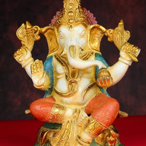 Ganesha Statue 12 Inch Ganpati Figurine Brass Chemical Painted Ganesh Idol for Temple Office Home Decor Good Luck Gift for New Beginning