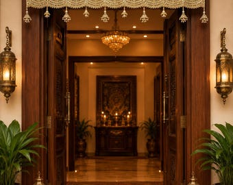 Puede incluir: Una cenefa decorativa dorada para puerta con bordados intrincados, abalorios y adornos colgantes en forma de campana. La cenefa está montada en la parte superior de un marco de puerta de madera oscura, junto a faroles dorados y flores.