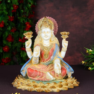 Lakshmi Statue 8Inch Handcrafted Brass Chemical Painted Goddess of Wealth Fortune Prosperity Hindu Puja Diwali Home Temple Decor Laksmi Idol