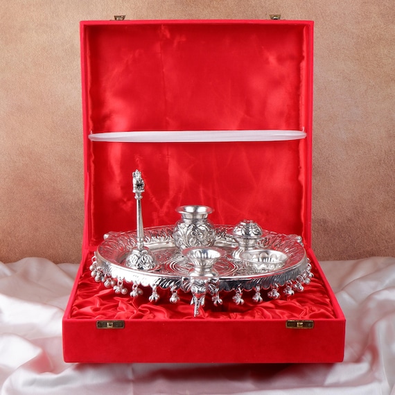 10" German Silver Pooja Thali Set with Ghungroo 6 PC Puja Thali Premium Gift Box Karwa Chauth Housewarming Diwali Return Gifts Temple Decor