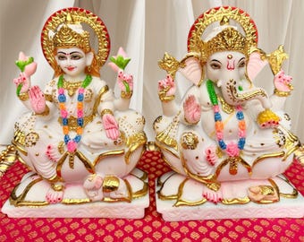Ganesha Lakshmi Statue Cultured Marble Lord Ganesh Goddess Laxmi 5Inch Idol Handcrafted Hindu god of Goodluck Figurine for Home Temple Decor