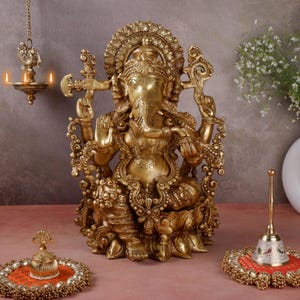 16 Inch Brass Ganesha Statue Ganesh Sculpture Hindu God of Luck Handcrafted Ganapati Idol for Home Puja Mandir Decor Siddhivinayak Statue