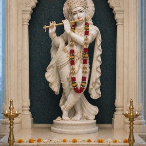 May include: A white marble statue of a deity playing a golden flute, adorned with a red and yellow floral garland, standing in a carved marble archway with two brass oil lamps on either side and a bowl of flowers placed on the floor in front.