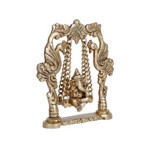 Brass Lord Ganesha Statue on Swing 6 Inch Ganesh Idol on Jhoola Handcrafted Ganapati Murti Home Office Mandir Temple Decor - God Of Luck