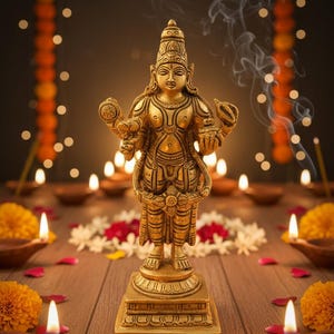 May include: A golden statue of a deity stands on a square base, surrounded by lit candles, flowers, and incense. The statue is intricately detailed, with multiple arms and ornate clothing. The scene is set on a wooden surface.