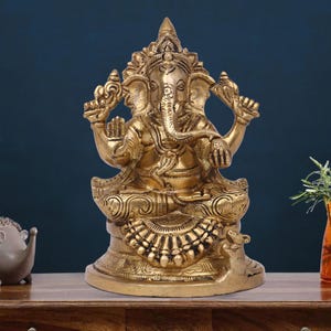 Brass Ganesha Statue 8.5" | Blessing Ganpati with Throne | Handcrafted Vinayak Murti | Ganesh Chaturthi | Home Puja Mandir Decor Sacred