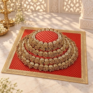 May include: A square red fabric tray with a gold geometric pattern and a gold border. Centered on the tray are three stacked circular red fabric cushions, each featuring a gold pattern and a border of gold beads and metallic gold spheres.