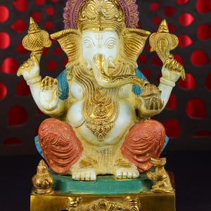 Ganesha Statue 12 Inch Ganesh Idol Brass Chemical Painted Ganpati Figurine for Temple Office Home Decor Good Luck Gift for New Beginning