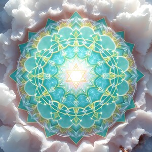 May include: A detailed, symmetrical mandala design in shades of teal, turquoise, and gold, radiating from a central star. The artwork is set against a backdrop of soft, cloud-like formations, creating a serene and spiritual aesthetic.